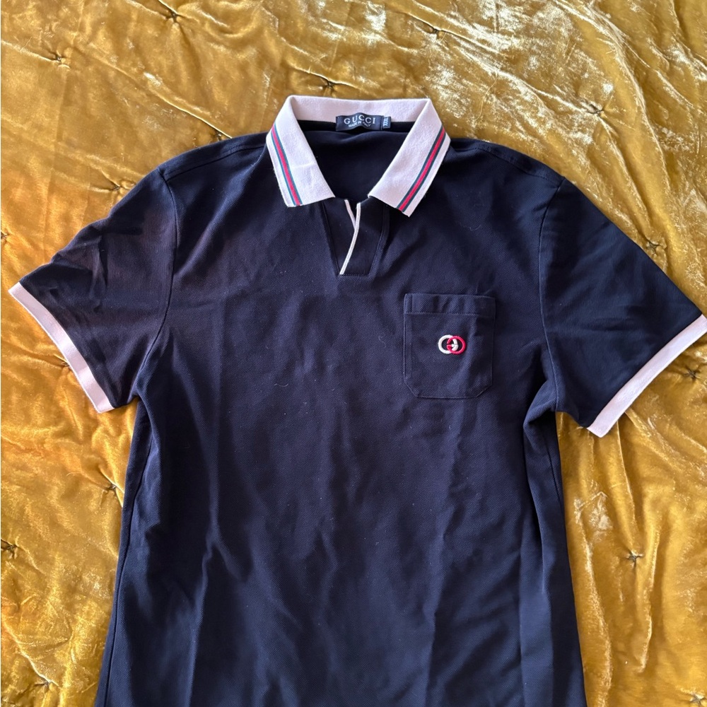 Gucci Navy Polo Shirt with White and Red Accents